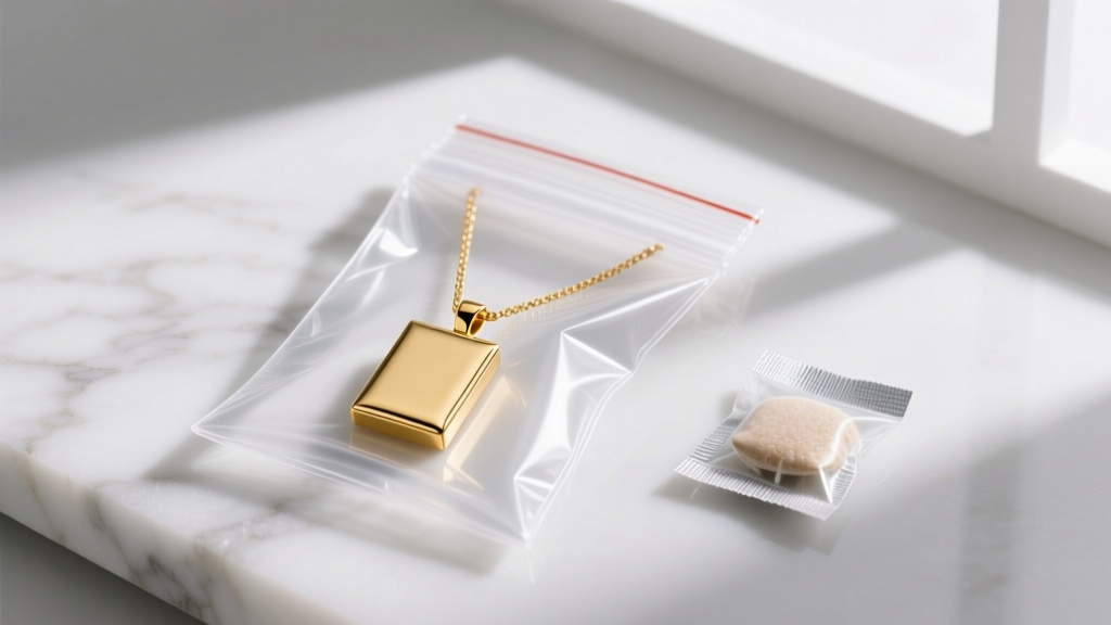 A 14k gold rectangle pendant necklace stored inside an individual anti-tarnish polyethylene bag next to a silica gel packet.