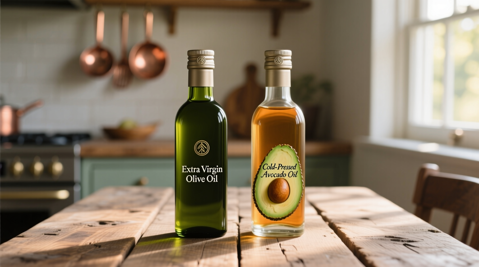 Olive oil and avocado oil bottles on wooden table