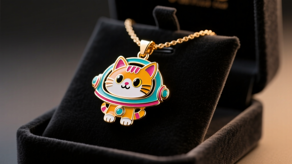 Vibrant cartoon enamel pendant of a retro space cat resting on a dark velvet jewelry display pad under soft, warm studio lighting