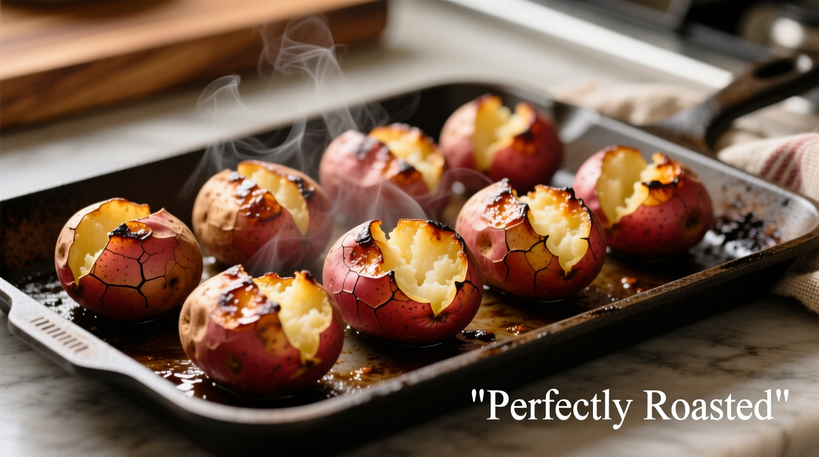 Perfectly roasted red potatoes on a baking sheet