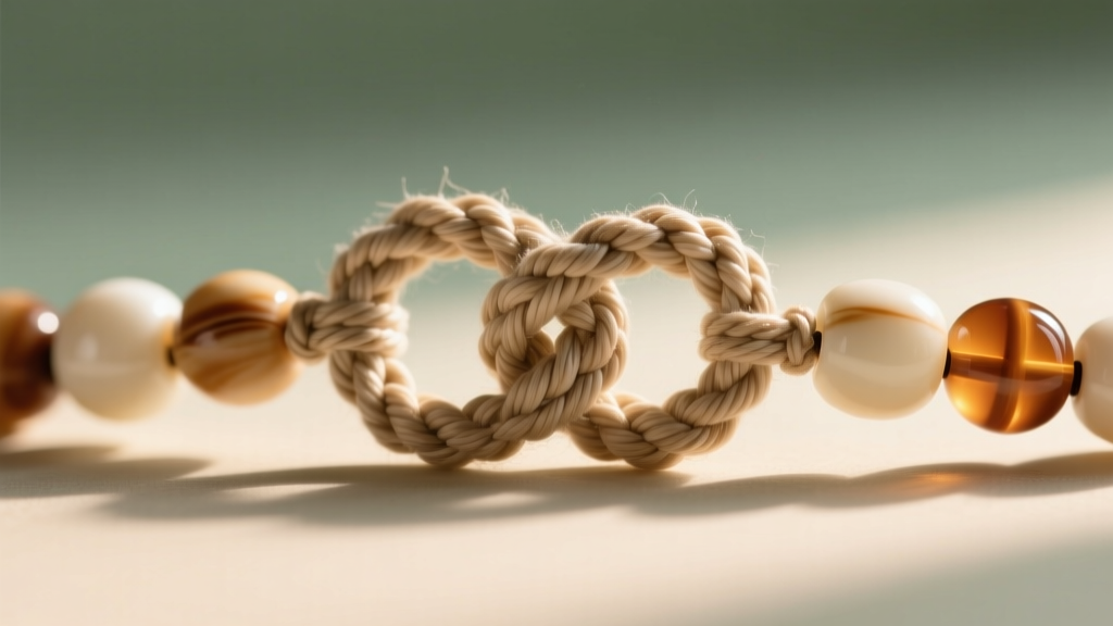 Macro photography of a traditional braided macrame sliding knot closure on a natural seed hawaiian beads necklace strand