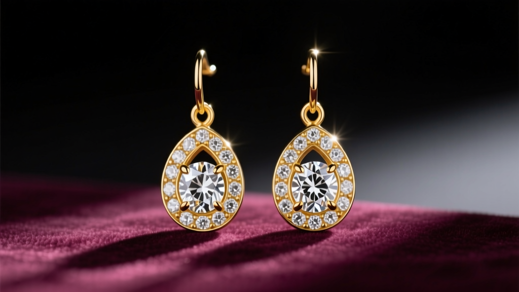 18k yellow gold diamond bezel drop earrings on velvet, studio lighting highlighting the faceted edges and polished metal bezels.