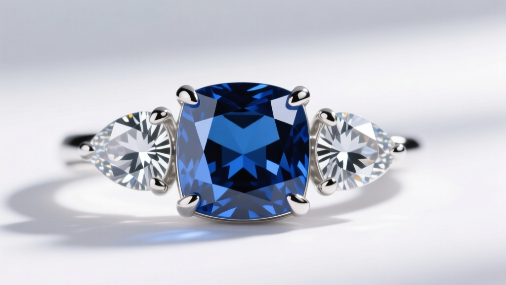 Macro shot of a graduated three-stone pendant featuring a cushion-cut sapphire center flanked by two smaller pear-shaped diamonds.