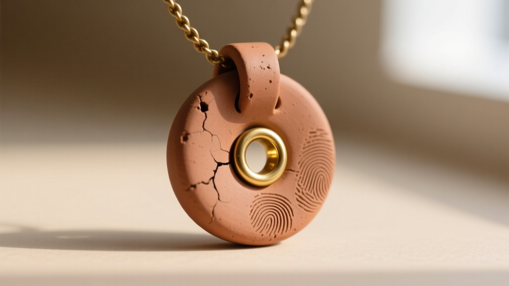Macro shot of a ceramic clay necklace bail with a brass eyelet in a kiln-fired bead to prevent hole cracking