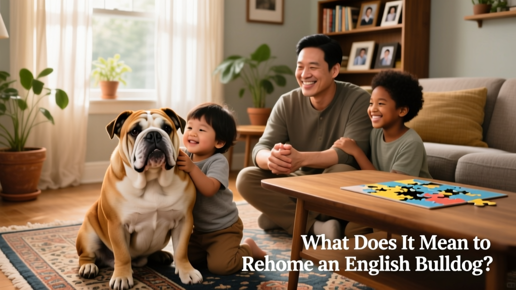 A calm, affectionate English Bulldog sitting beside a smiling family in their living room