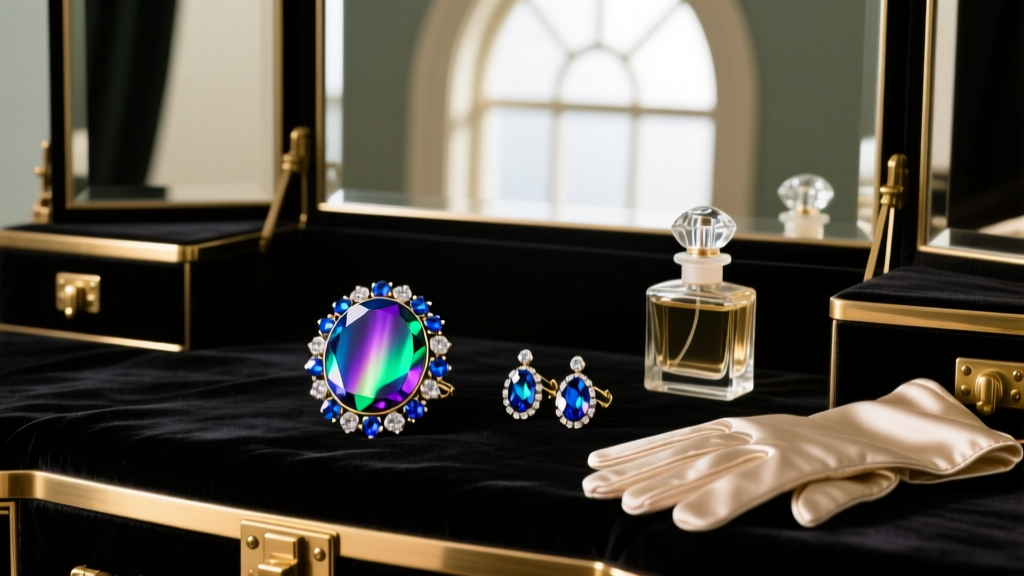 Aurora borealis rhinestone brooch and matching clip-on earrings resting on dark velvet in a glamorous mid-century vanity setup