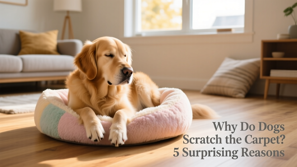 A relaxed dog circling and lightly scratching a plush dog bed before lying down