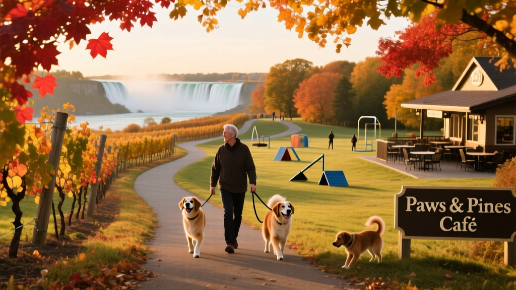 Fall foliage framing a winding vineyard path with dogs walking beside their owners