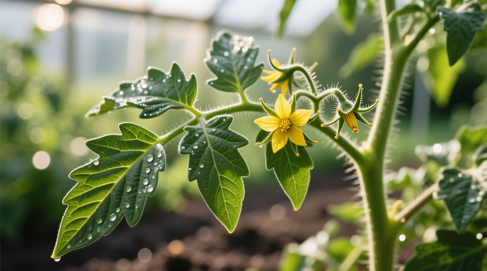 Close-up of tomato plant showing compound leaves and yellow flowers
