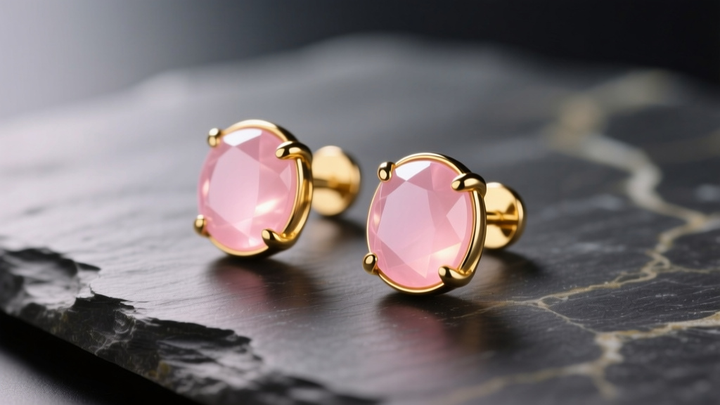 Pale pink angel skin coral cabochon studs in 18k yellow gold bezels resting on dark slate under soft, warm directional lighting