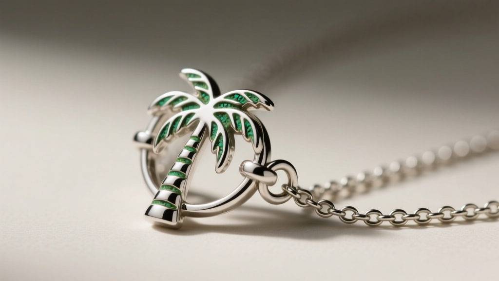 Macro shot of a silver palm tree necklace clasp and chain showing early signs of green oxidation near the jump ring connection point