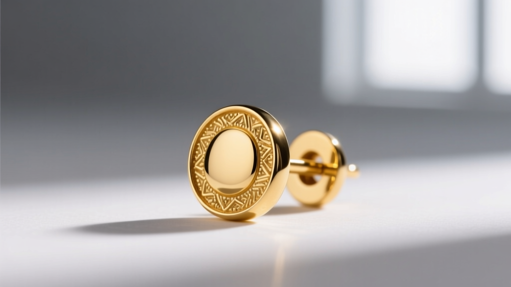 Close-up of a 14k yellow gold stud earring being inspected with a jeweler