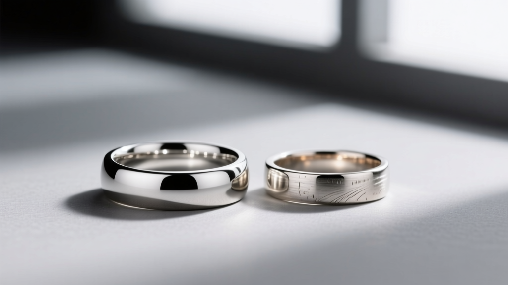 Rhodium-plated 14k white gold ring beside a natural platinum ring, highlighting subtle color differences on a neutral gray surface.