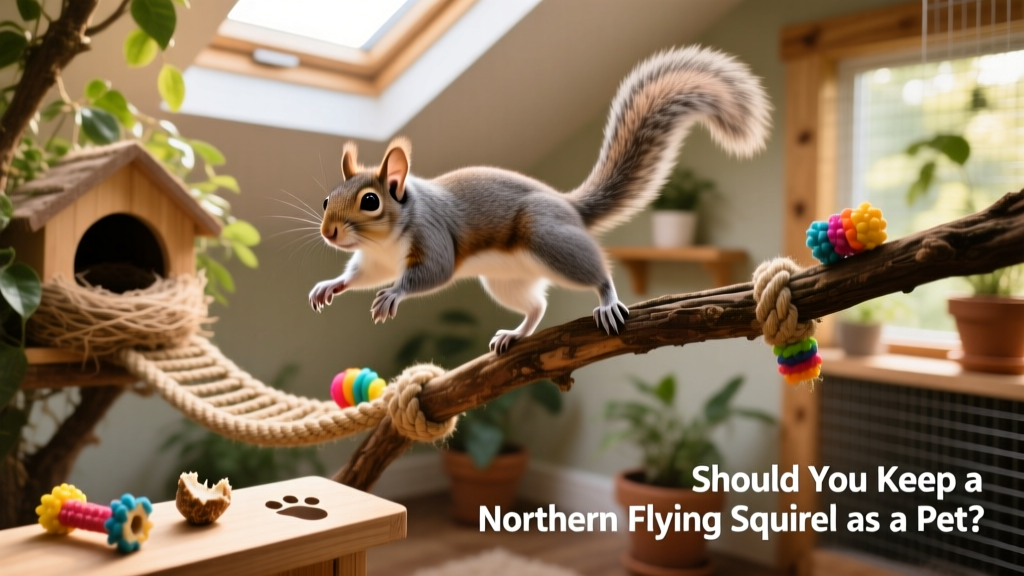 Well-furnished flying squirrel enclosure with branches, ropes, a nest box, and chew toys