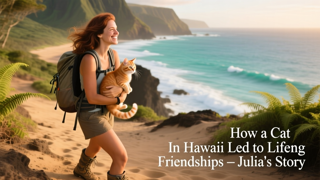 Julia hiking a scenic coastal trail in Hawaii, smiling as she looks out over the ocean