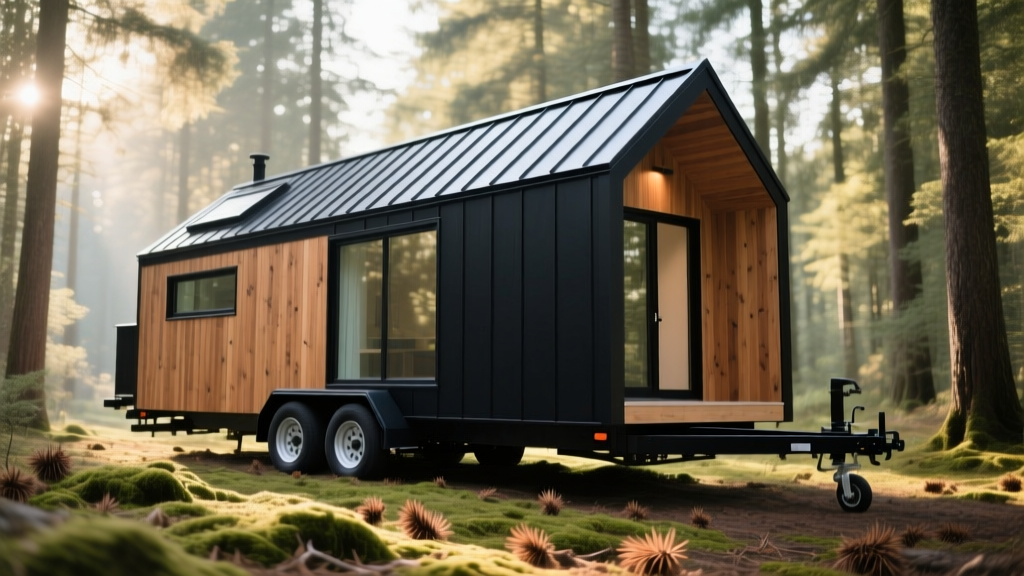Modern 24-foot tiny house on wheels with black metal roofing, cedar siding, and triple-axle trailer parked in a forest clearing.
