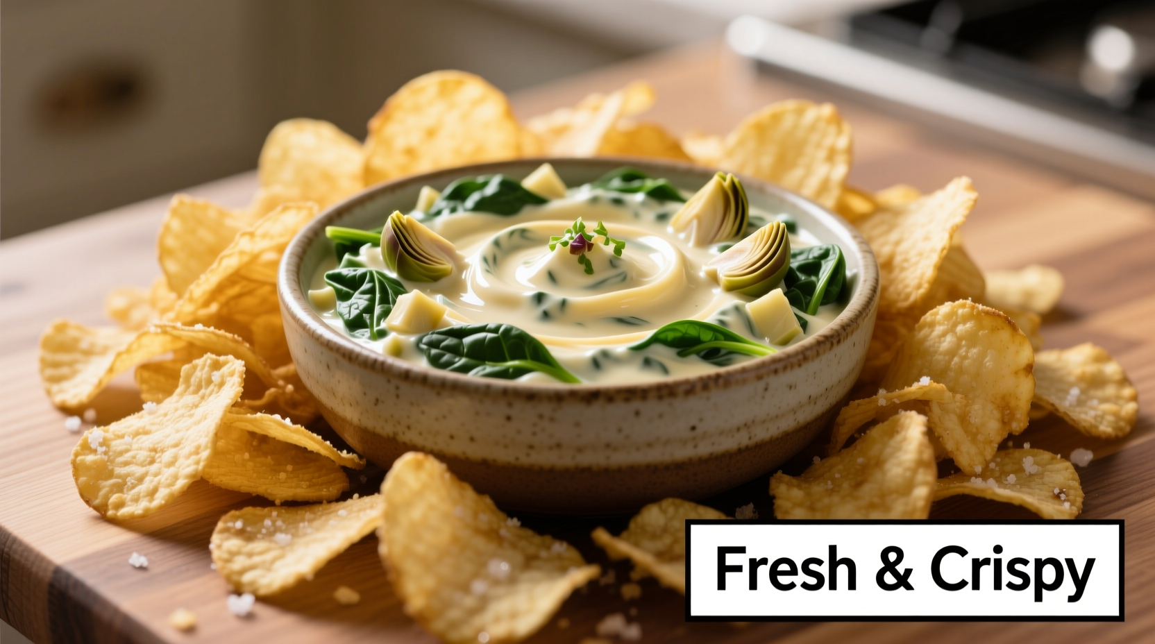 Creamy spinach-artichoke dip in bowl surrounded by potato chips