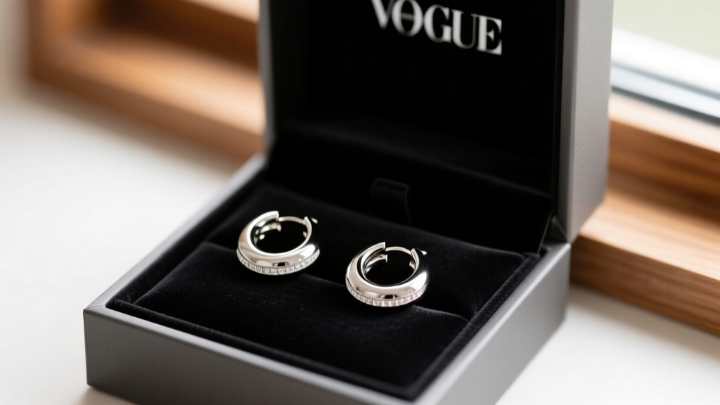 Elegant gift box opened to reveal a pair of 925 sterling silver huggie hoop earrings resting on black velvet anti-tarnish fabric