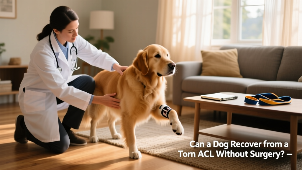 A veterinarian demonstrating proper at-home physical therapy exercises for a dog recovering from a CCL injury, including gentle range-of-motion movements and balance work