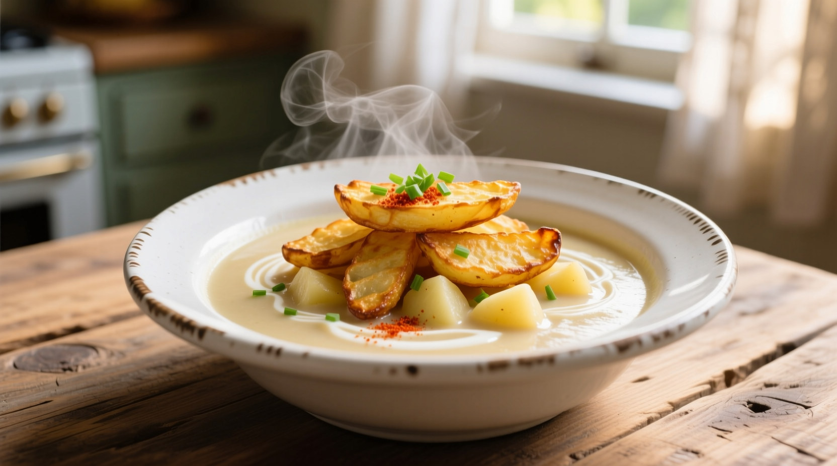 Creamy potato soup with hash browns in white bowl