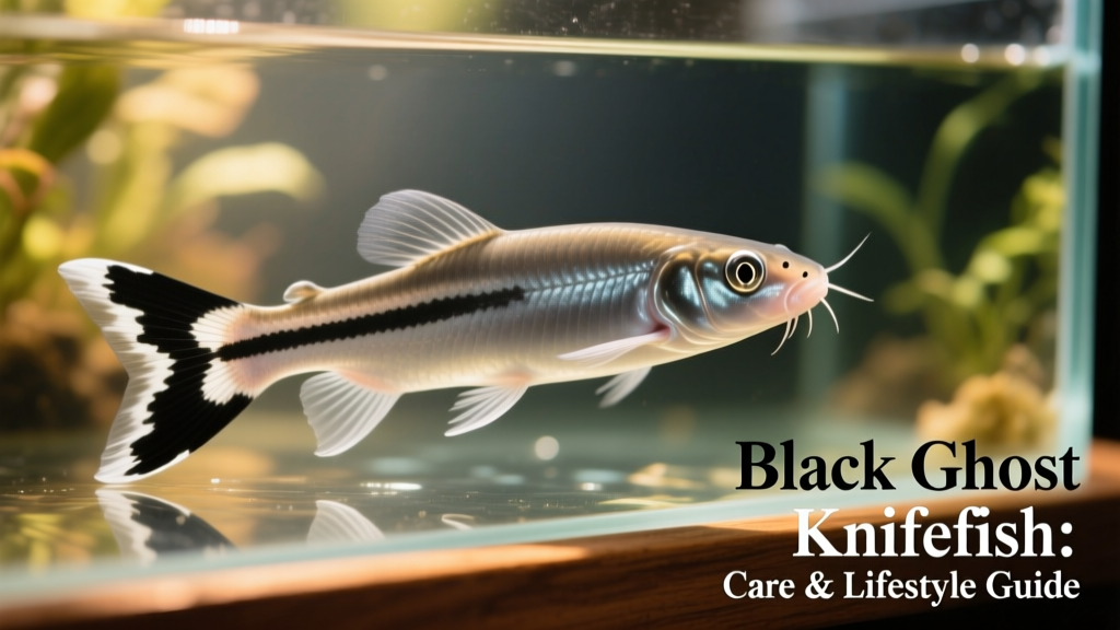 Close-up of a healthy Black Ghost Knifefish showing clear eyes, intact fins, and smooth black-and-white caudal banding