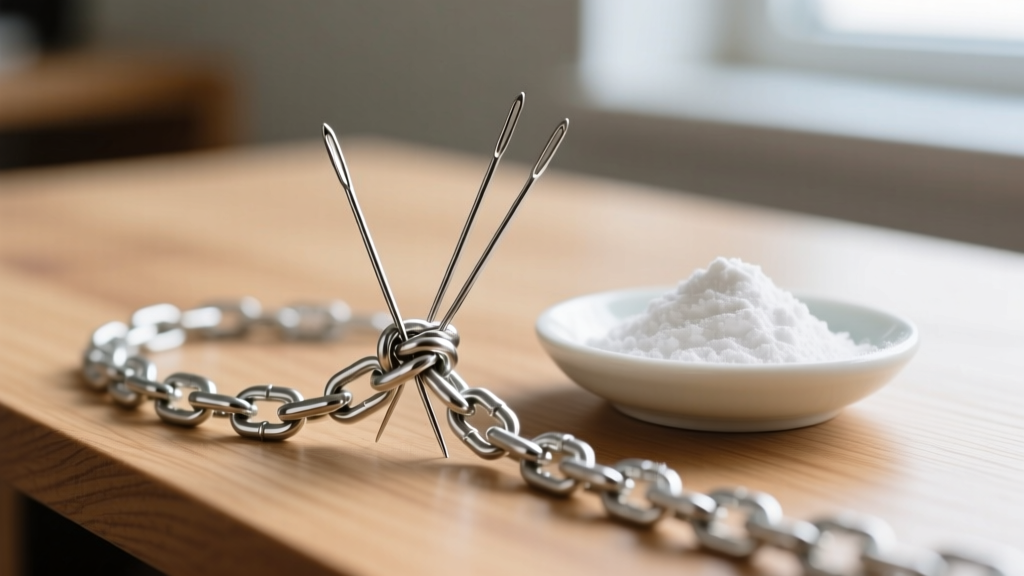 Fine sewing needles prying a tight knot in a delicate silver chain, next to a small dish of white baby powder on a wooden desk.