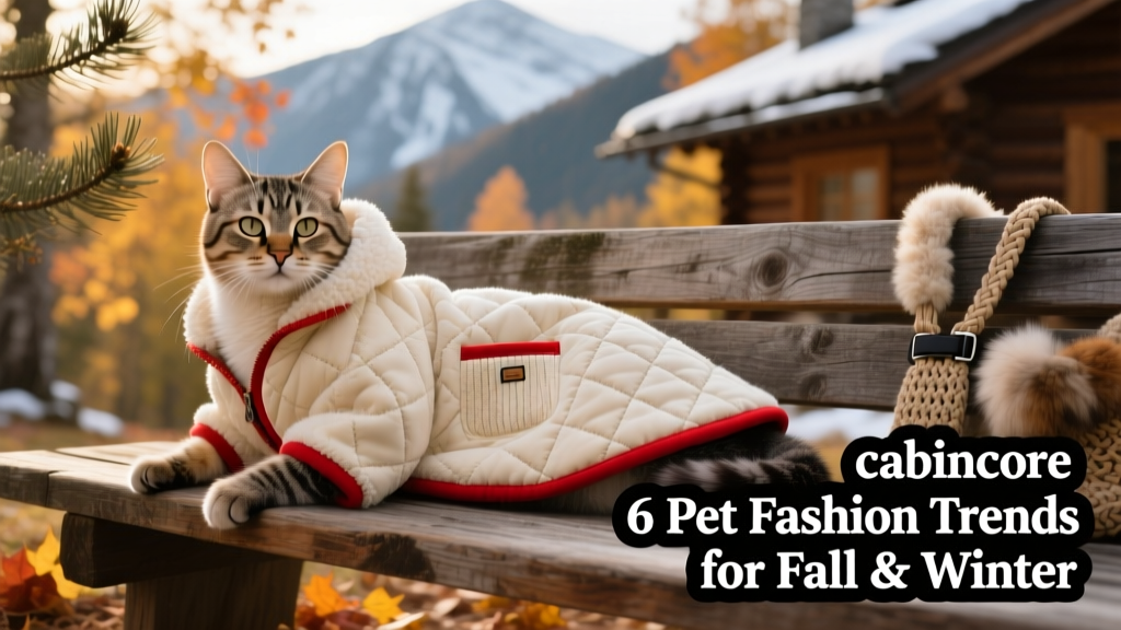 A cat lounging on a rustic wooden bench wearing a cream diamond-quilted sherpa coat with red trim and a small pocket