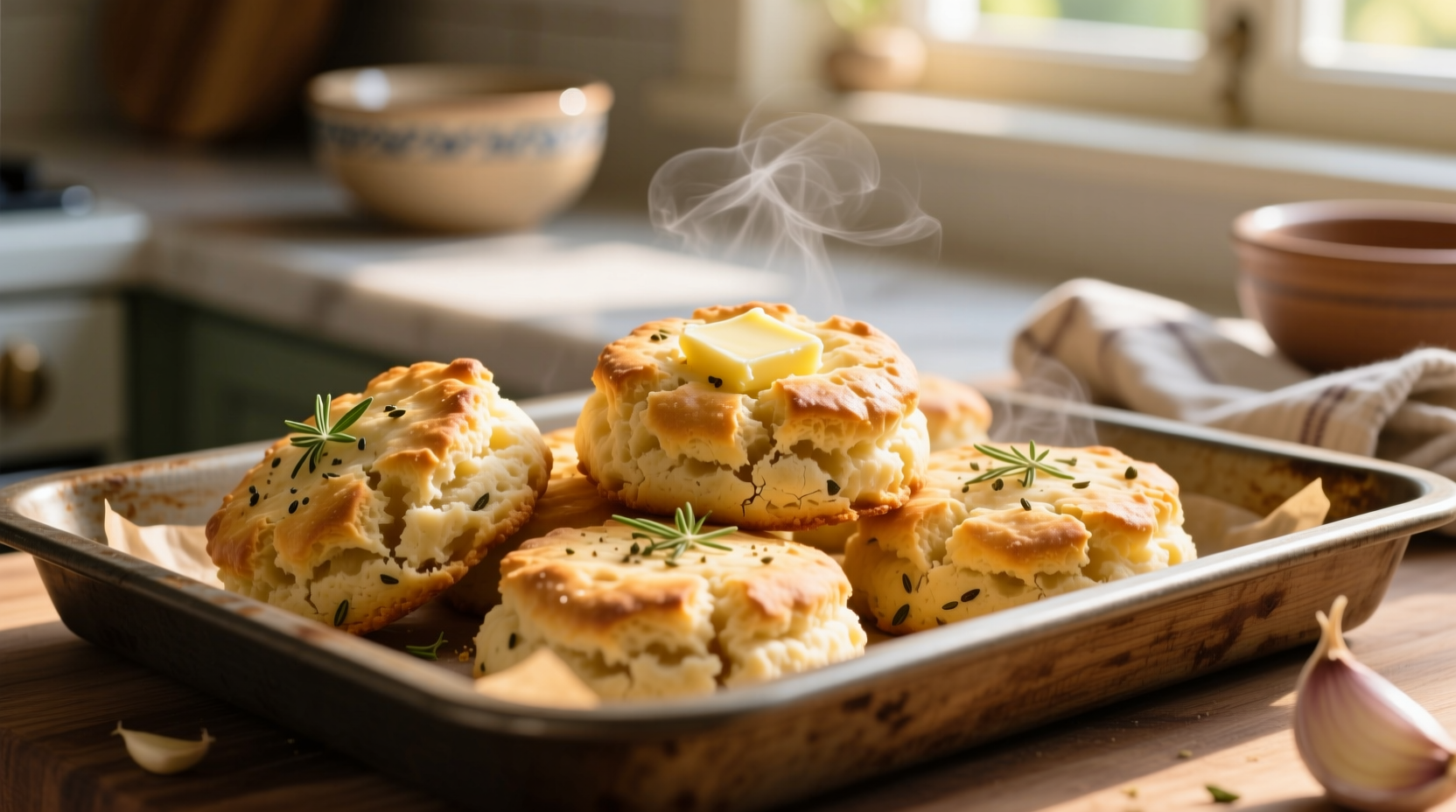 Golden garlic biscuits fresh from oven