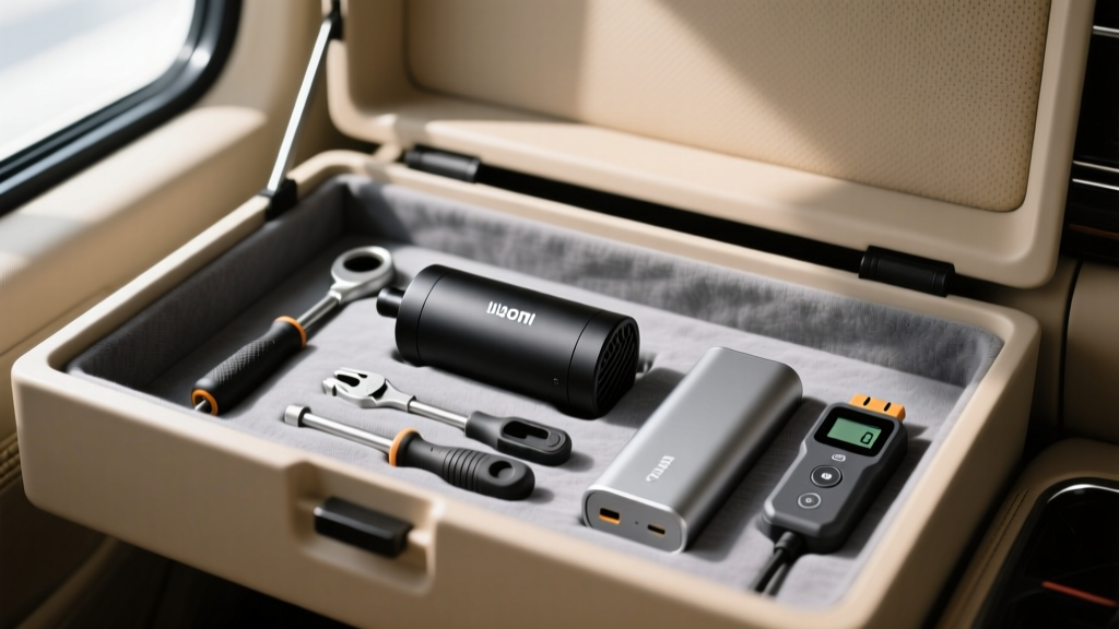 Open glovebox neatly storing a Xiaomi cylinder air compressor, a slim jump starter, and an OBD2 scanner without clutter.