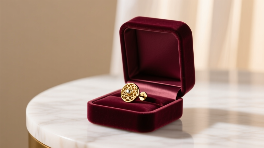 Open velvet gift box on marble table revealing a sparkling 14k gold threadless flat-back labret earring under soft warm lighting