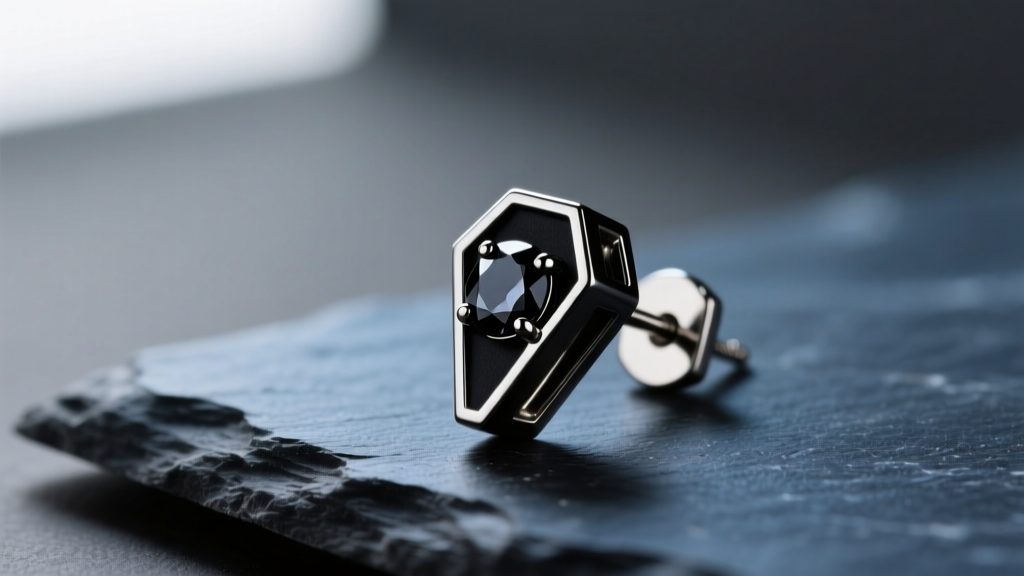 Macro shot of a black PVD-coated titanium coffin stud earring with a tiny bezel-set black spinel gemstone resting on dark slate