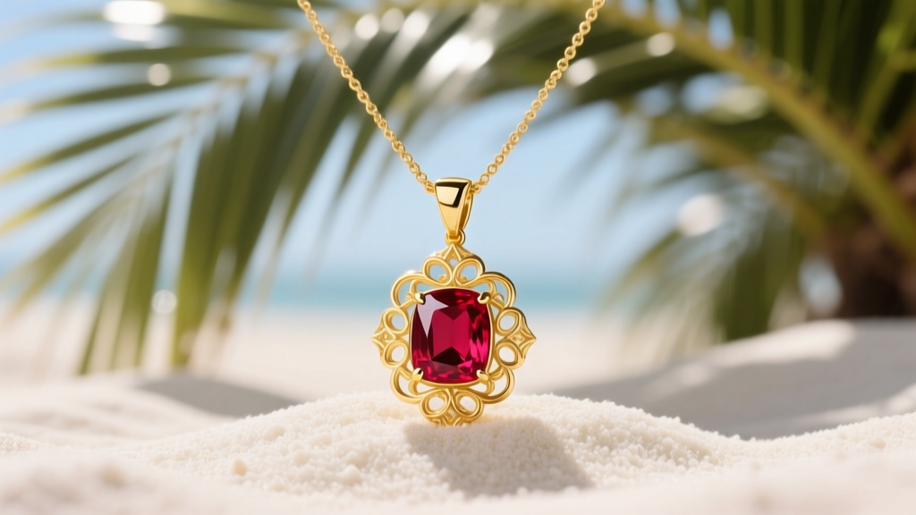 A luxurious 18k gold ruby pendant necklace resting on white sand next to tropical palm leaves, shot in bright natural sunlight