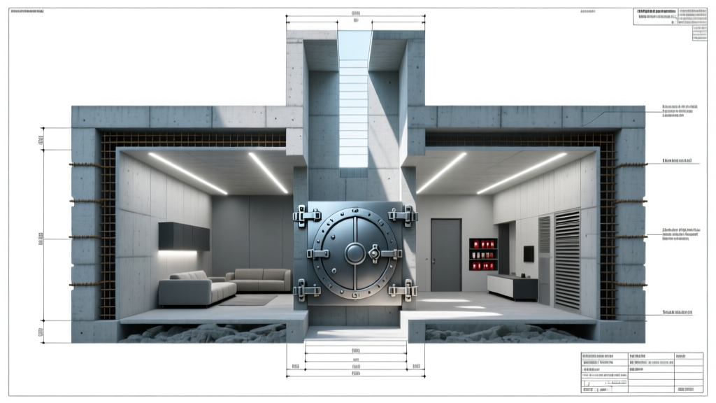 Cross-section blueprint of a reinforced concrete below-ground tornado shelter with heavy steel hatch and interior LED lighting