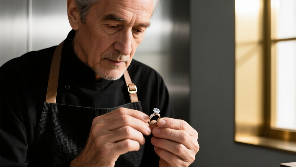 Close-up of a jeweler's loupe examining a 14k solid gold wheat chain link, warm studio lighting, sharp focus on the metal texture.