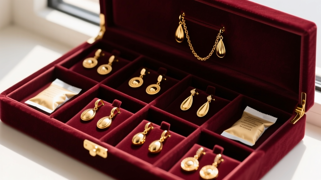Velvet jewelry box with individual compartments holding untangled gold dangle earrings beside small anti-tarnish silica packets.