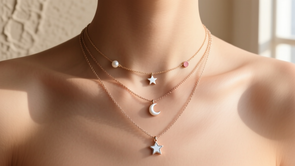 Three layered micro-chain necklaces in varying lengths with small charms, photographed against warm skin in soft natural sunlight.