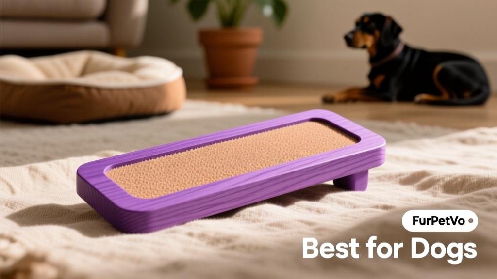 Close-up of the FurPetVo ScratchPad Dog Nail File — a bright purple, rectangular wooden board with durable sandpaper surface