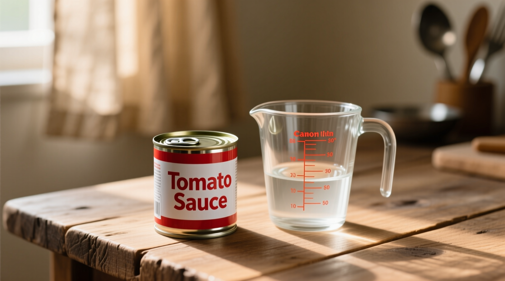 Small can of tomato sauce next to measuring cup