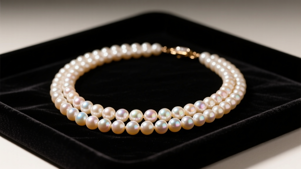 Close-up of a vintage 1970s Park Lane triple-strand faux pearl necklace on a dark velvet tray with soft studio lighting.