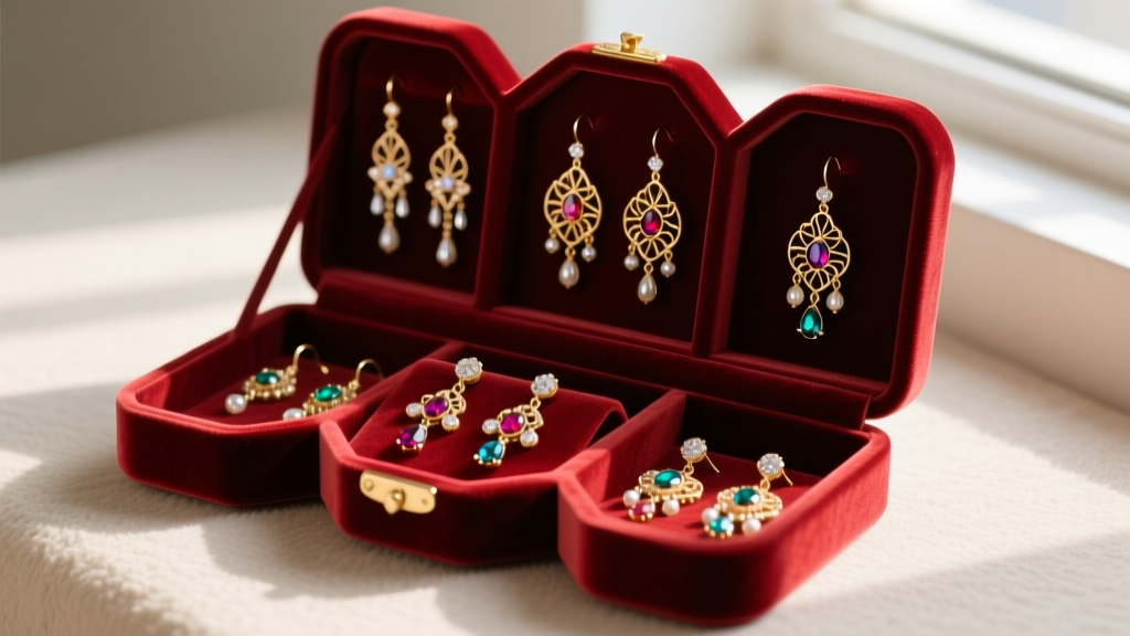 Velvet jewelry box with separate compartments holding asymmetrical whimsical dangle earrings to prevent delicate wire tangling.