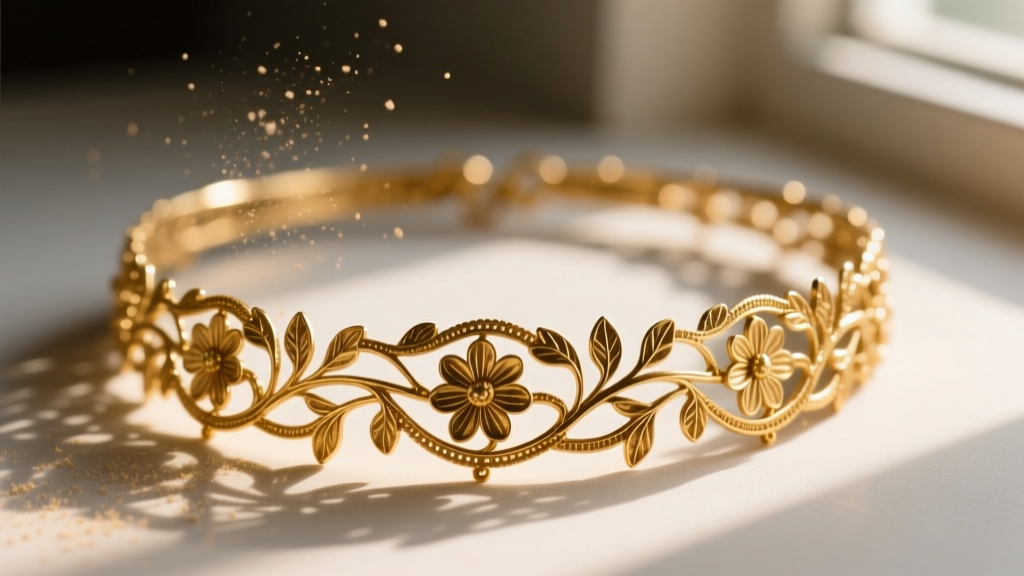 Macro shot of a vintage gold filigree chaplet necklace showing intricate floral vine links with trapped dust under warm side light.