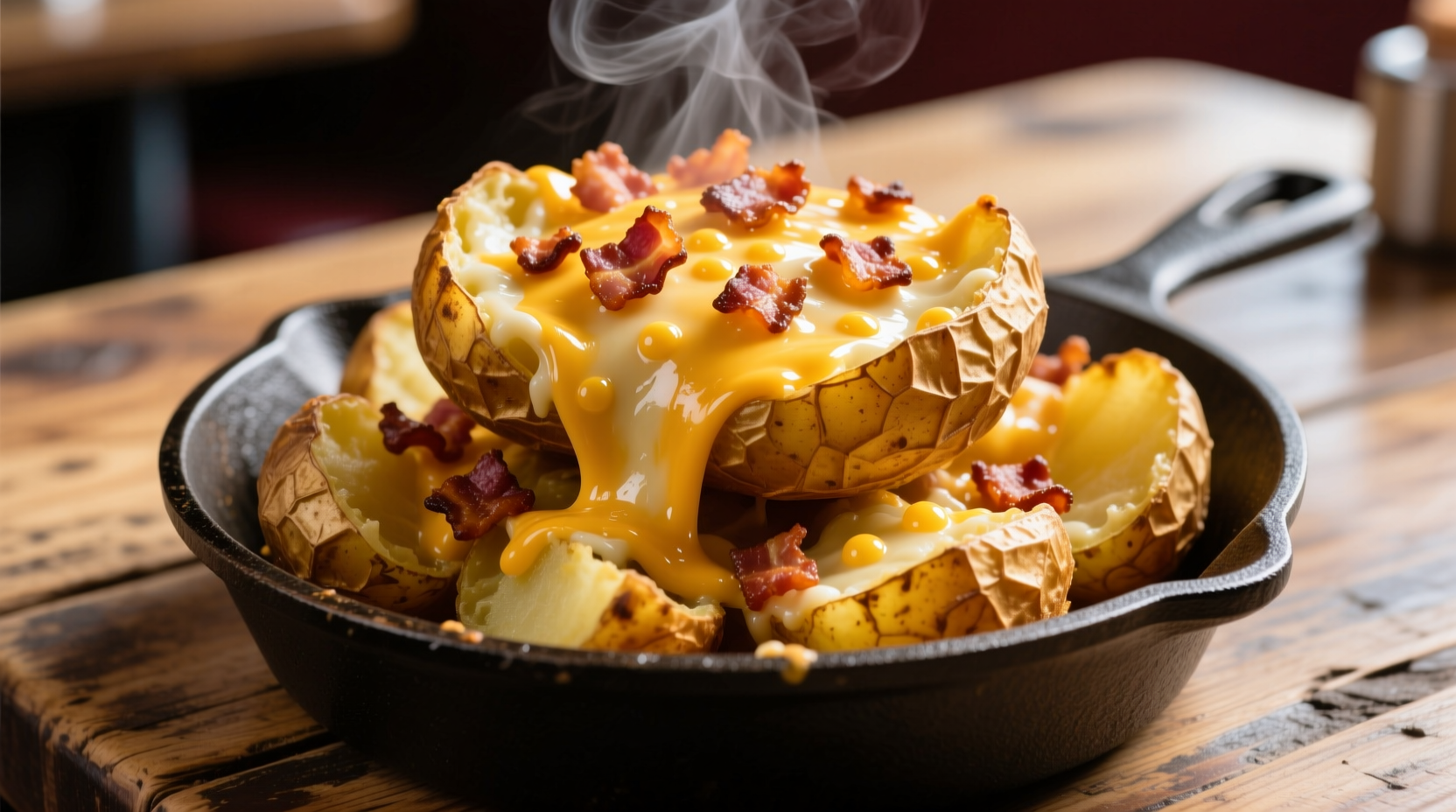 Crispy golden potato skins with melted cheese and bacon