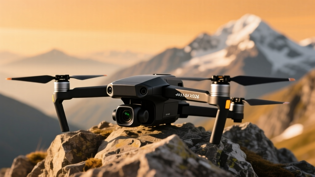 Close-up of a matte-black 2026 camera drone with unfolded carbon-fiber arms resting on a rocky mountain peak at golden hour