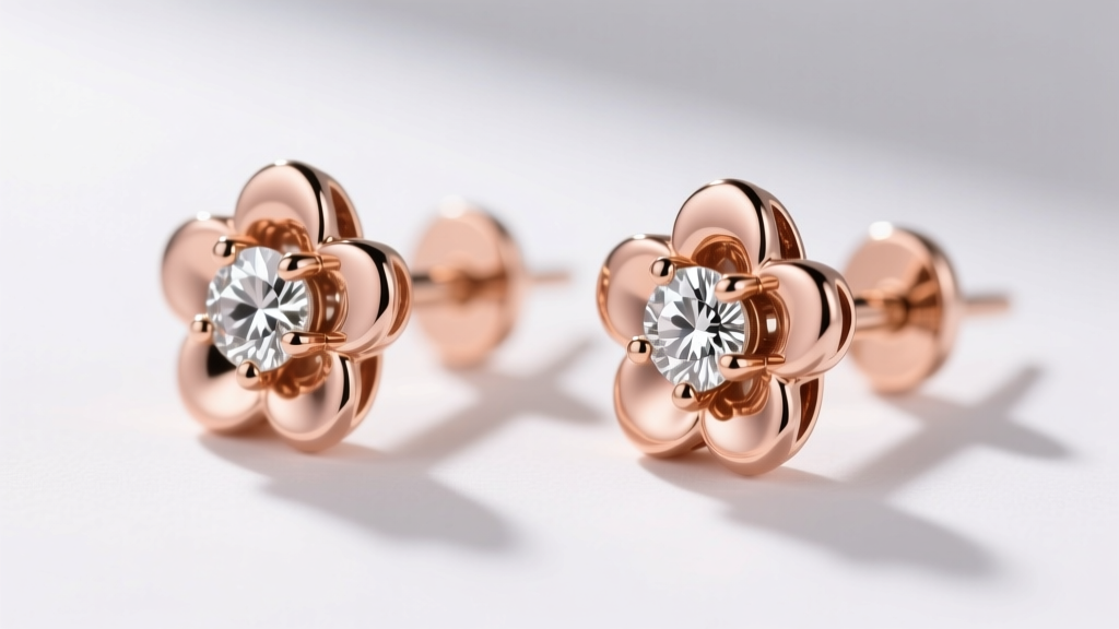 Macro diagram comparing V-prong and standard prong settings on rose gold floral diamond earrings, highlighting metal thickness.