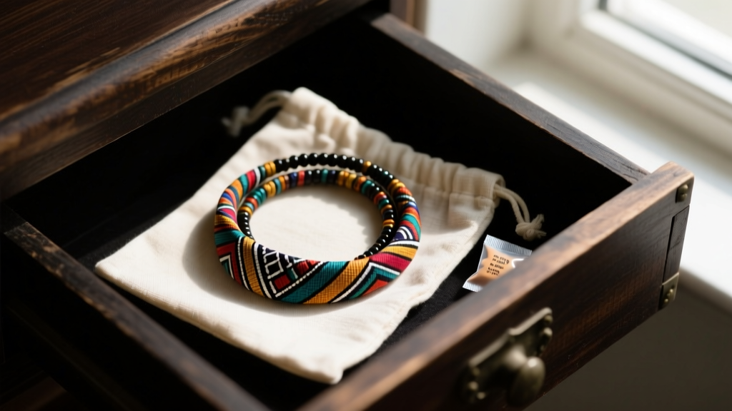 Coiled bandana bead necklace stored in a breathable cotton pouch with a silica gel packet inside a dark wooden jewelry drawer.