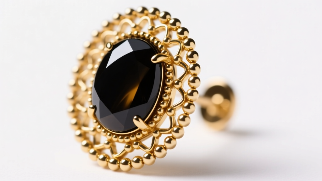 Macro close-up of beaded milgrain gold border and flush-set onyx stone on a VCA Alhambra earring under bright studio lighting.