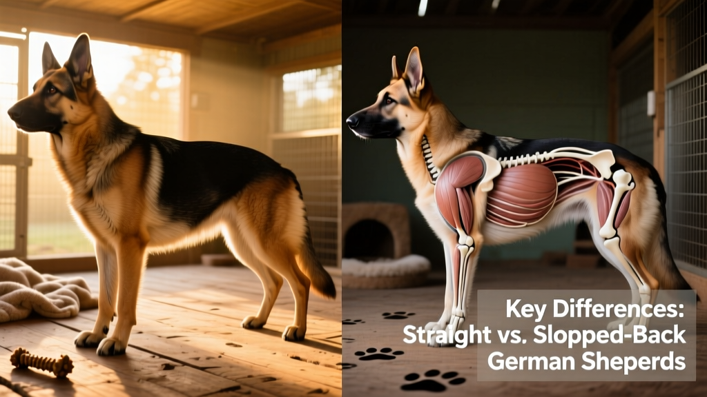 X-ray comparison illustrating healthy hip alignment in a straight-backed German Shepherd versus shallow acetabulum and femoral head misalignment in a sloped-back individual
