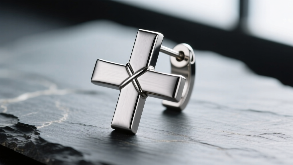 Macro view of a titanium large cross earring on slate, showing a 16-gauge post and a seamless laser-welded horizontal crossbar.