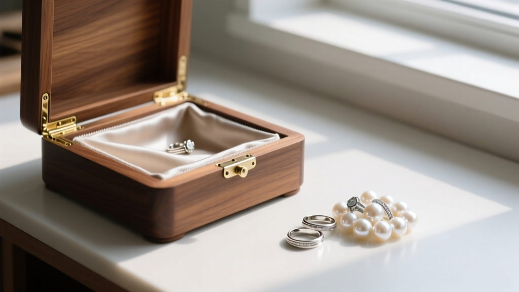 Applying anti-tarnish cloth lining to a wooden jewelry box drawer, with silver rings and pearls resting on the workbench nearby