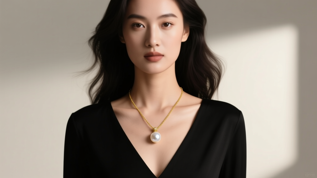 Model wearing a deep v-neck black top paired with an 18-inch gold princess pendant necklace featuring a single round white pearl